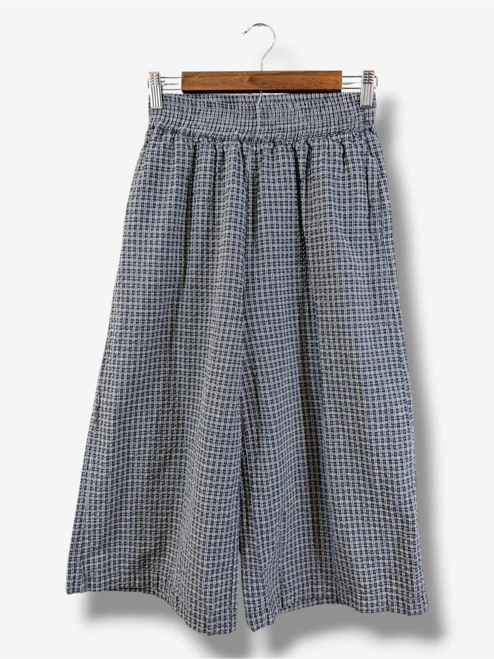 Mo:Vint Wide Leg Cropped Pants Size S Blue White Micro Gingham Pull On Waist - Picture 1 of 10